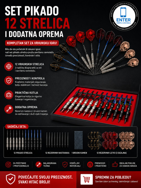 set pikado od 12 strelica s metalnim vrhom