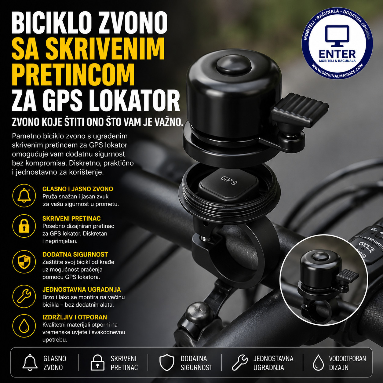 zvono za biciklo s skrivenim prostorom za GPS lokator