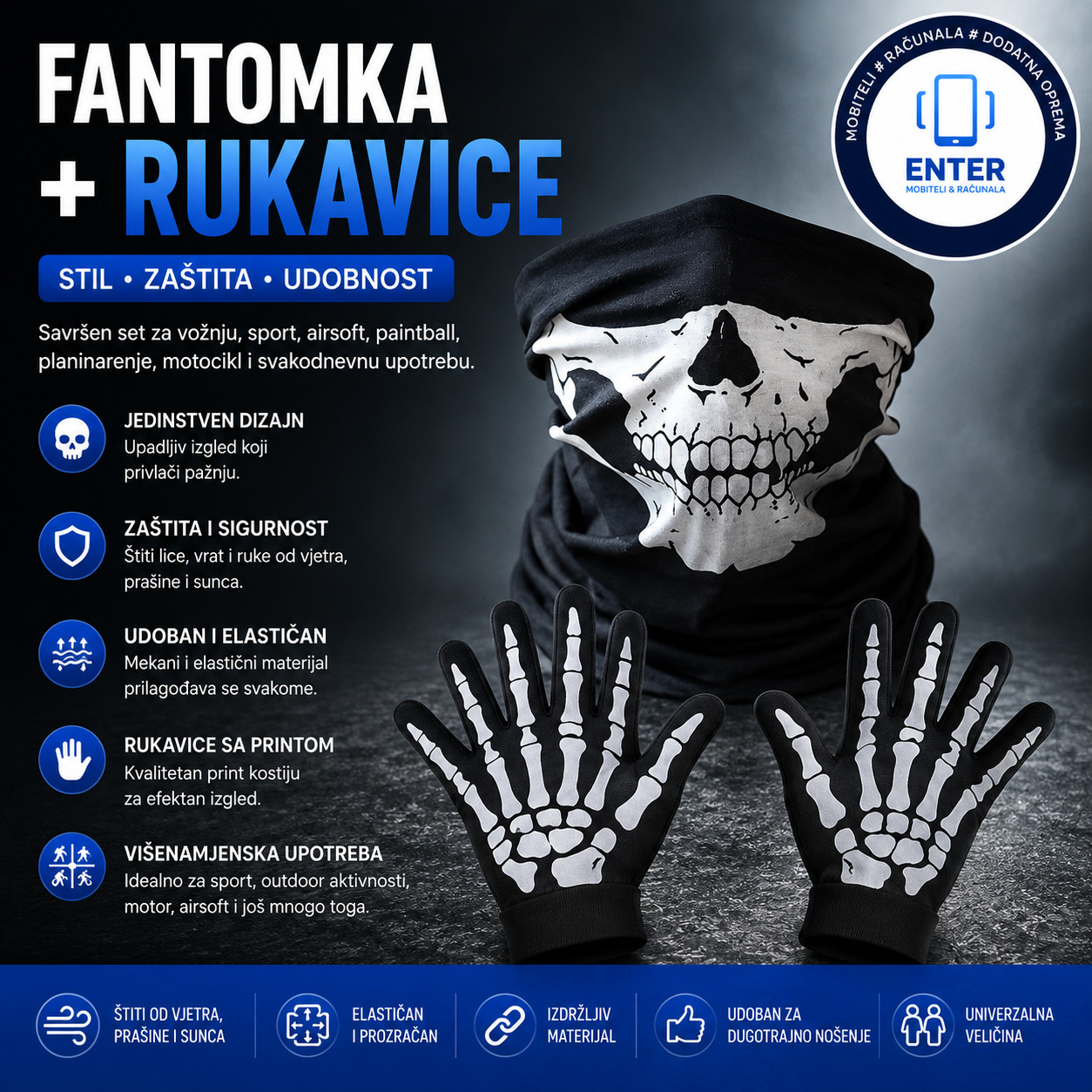 Podkapa fantomka + rukavice za motor, skutere itd