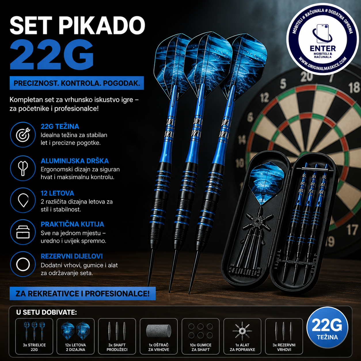 set pikado strelica 22g plave pro set