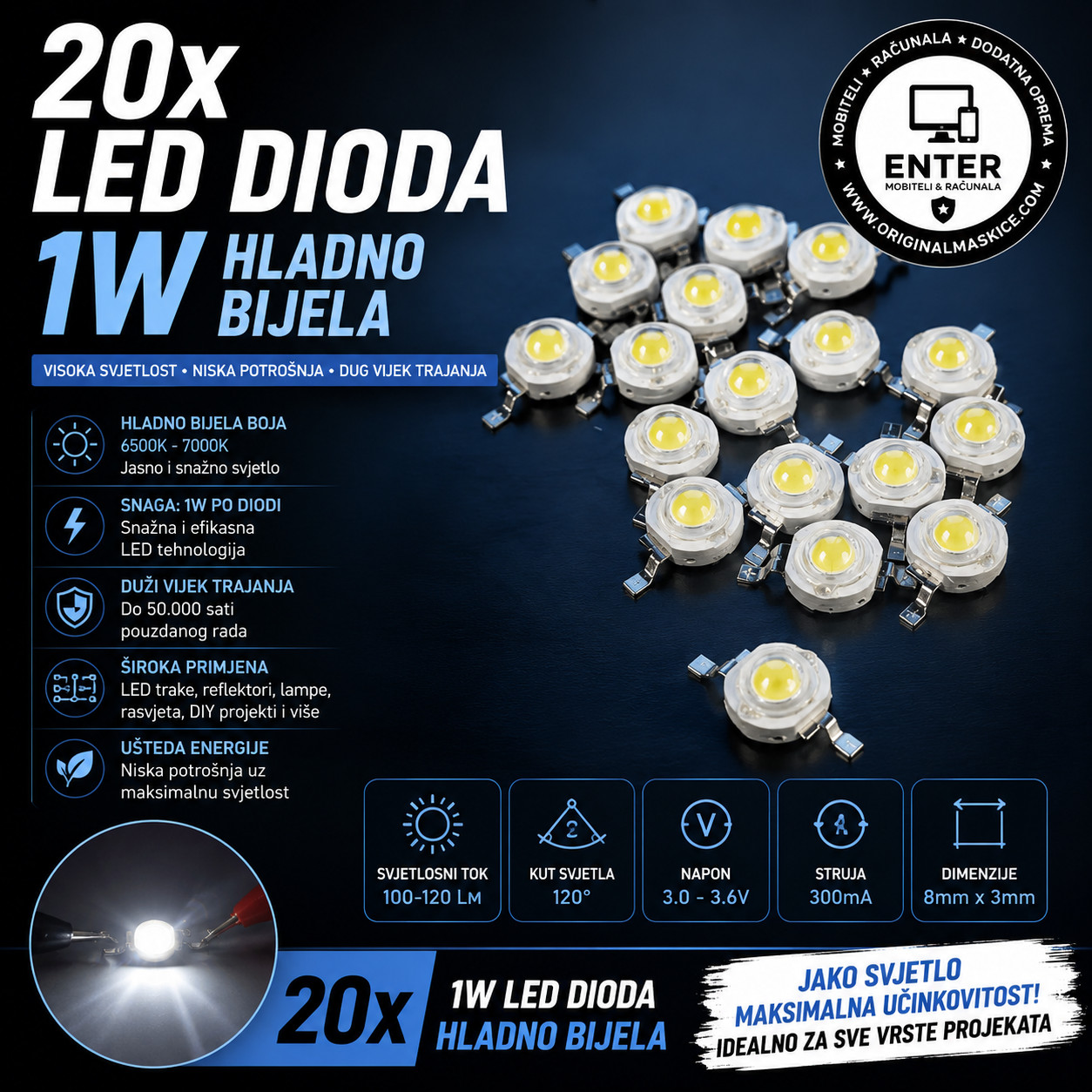 20x led dioda 1W hladno bijela