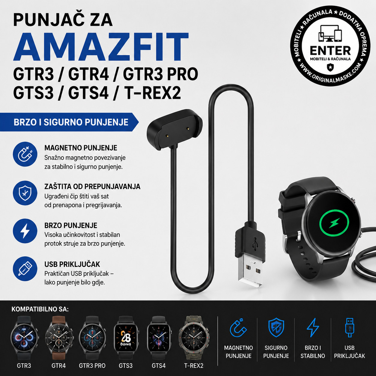 Amazfit GTR3/GTR4/GTR3Pro/GTS3/GTS4/T-rex2 usb punjac
