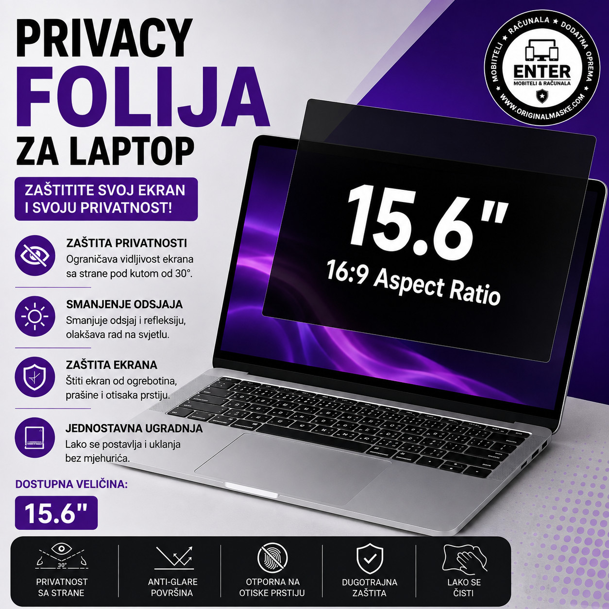 privacy folija za laptop 15.6" displey