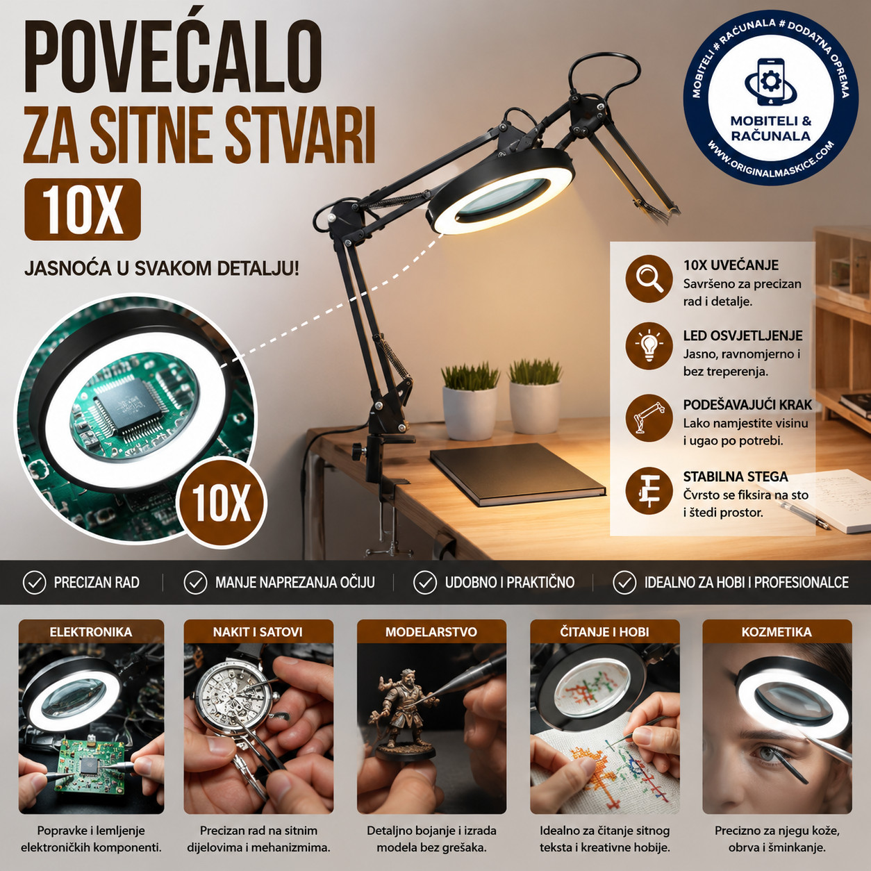Povećalo za sitne popravke / čitanje s led svjetlom 10x