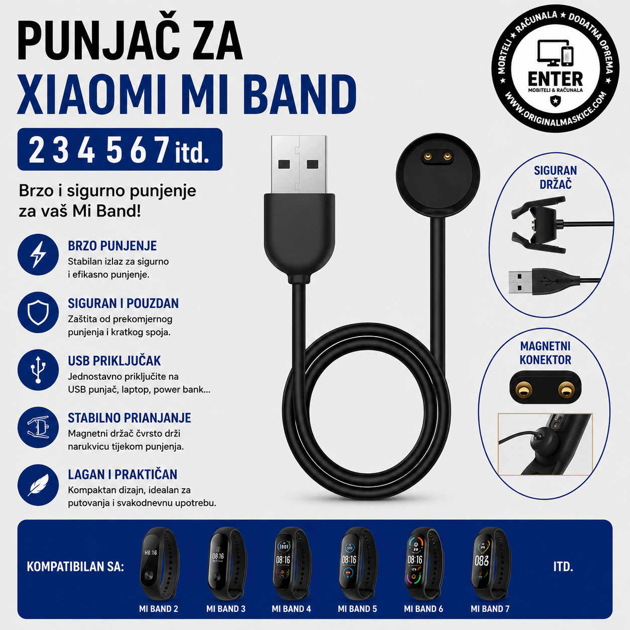 usb punjac za Xiaomi Mi Band 2 3 4 5 6 7 itd