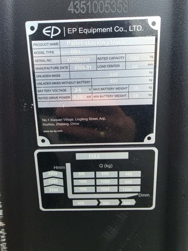 ELEKTRICNI VILJUSKAR PALETAR 3.9 EQUIPMENT DS3 1500KG STAKER