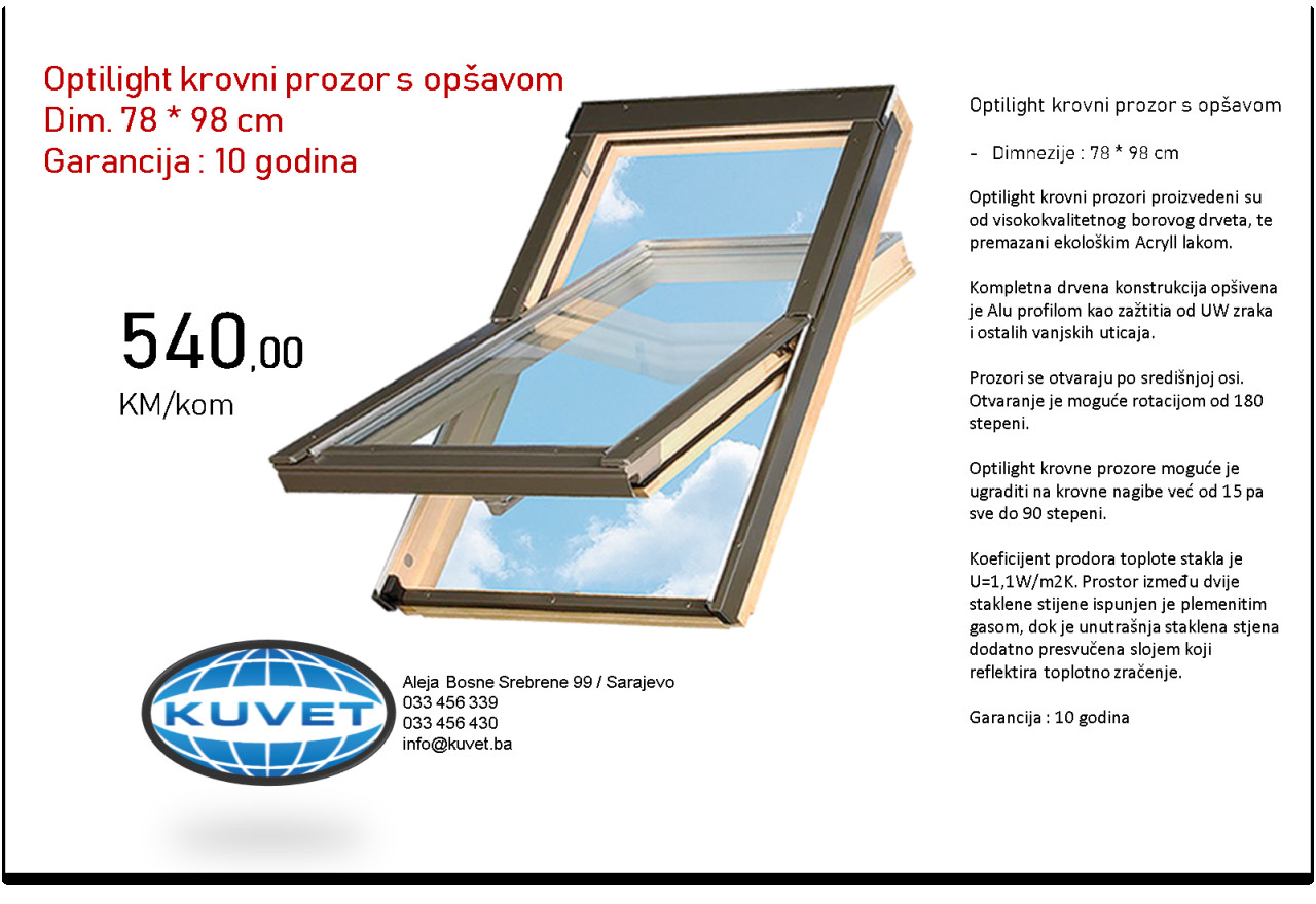 Krovni prozor OPTILIGHT 78*98 cm , garancija 10 godina