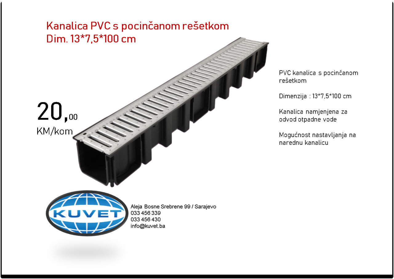 Kanalica pvc sa pocinčanom rešetkom 13*7,5*100 cm