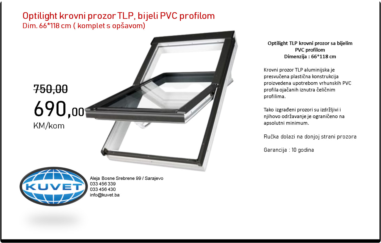 OPTILIGHT- krovni prozor PVC s opsavom 66*118 cm