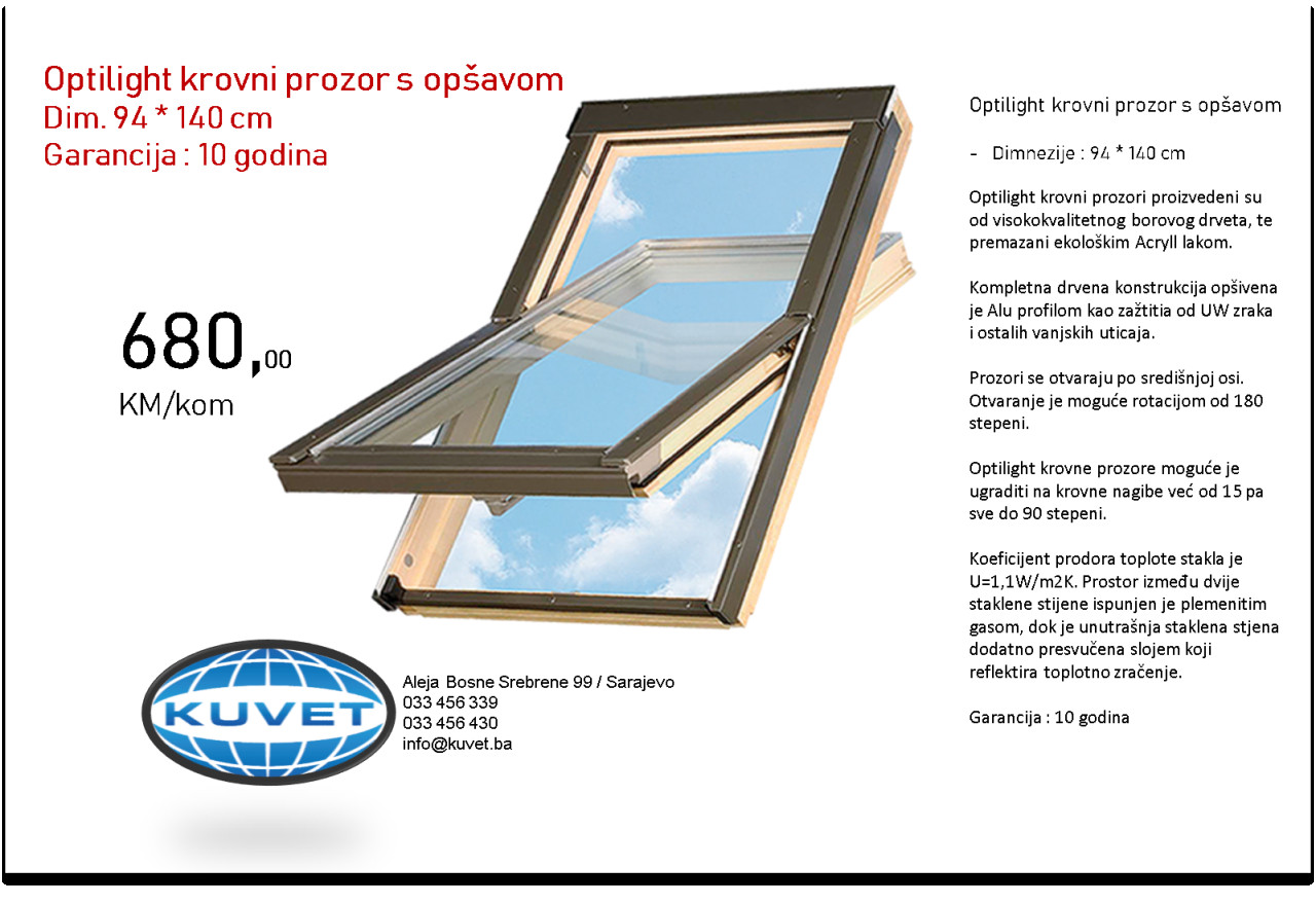 Krovni prozor OPTILIGHT 94*140 cm, garancija 10 godina