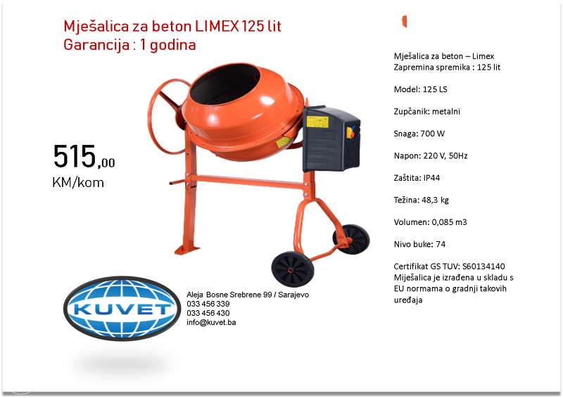 Mješalica za beton LIMEX 125 lit, garancija 1 godina