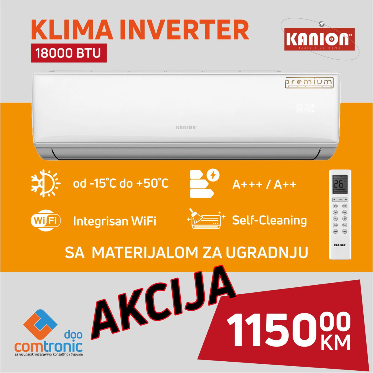 INVERTER KLIMA KANION 18KA 18000BTU PREMIUM+MATERIJAL ZA UGRADNJU