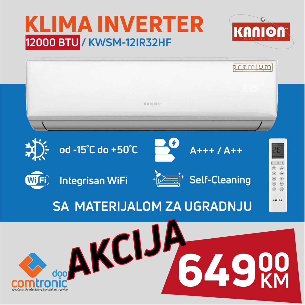 Inverter klima 12 KANION WIFI + Materijal za ugradnju