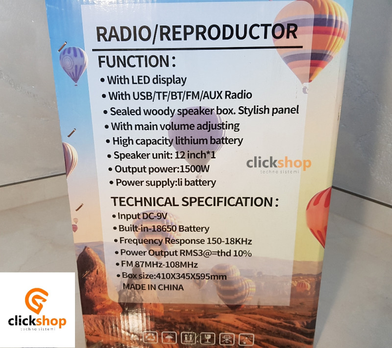 BLUETOOTH ZVUCNIK 1000W + BEZICNI MIKROFON FISKALNI RAC
