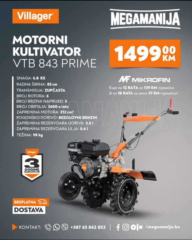 VILLAGER motokultivator, freza, kopačica VTB 843 Prime