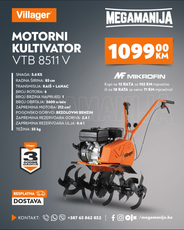 VILLAGER VTB 8511 V motokultivator, freza, kopačica, kultivator