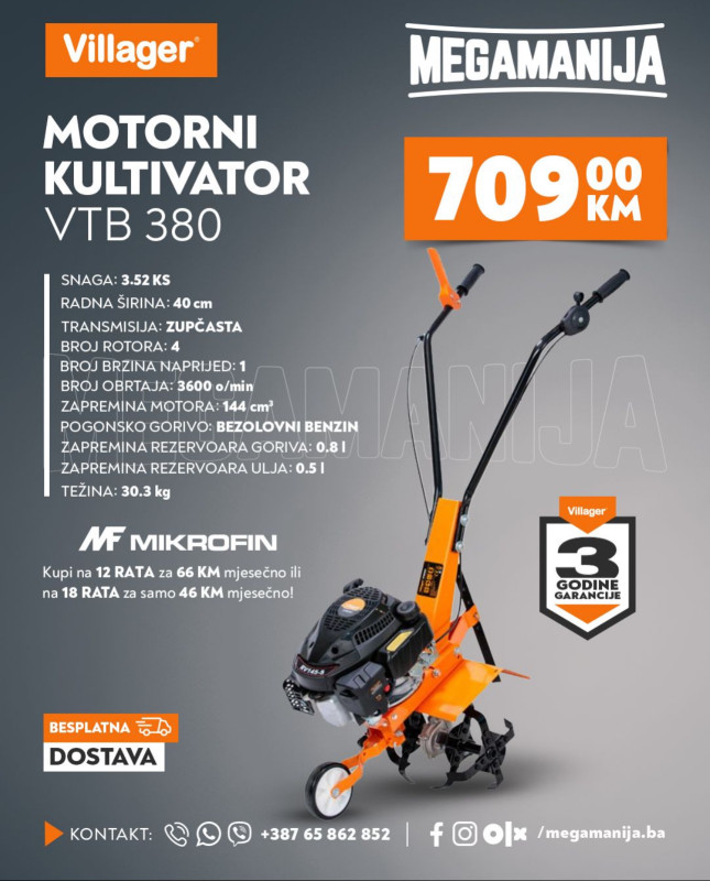 VILLAGER motokultivator, freza, kopačica VTB 380