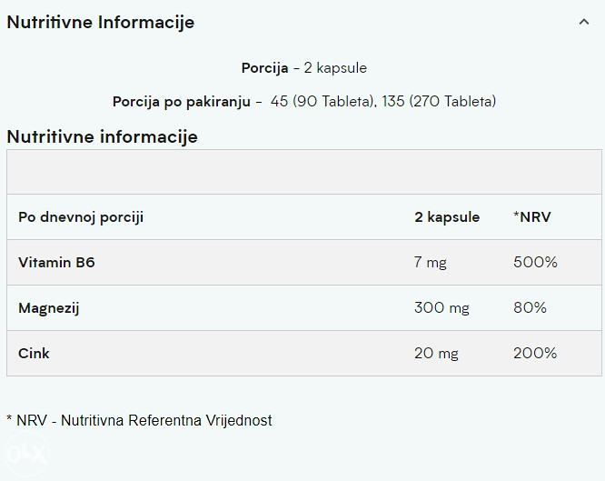 ZMA Cink i magnezij 270 tab Zink Zn Magneziji Mg Vitamin B6