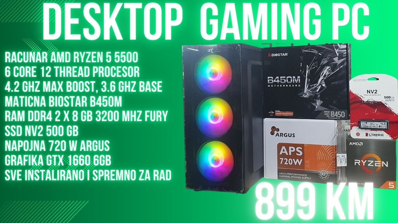 Racunar PC Ryzen 5 5500/RAM DDR4 16GB/ SSD M2 500GB/GTX1660 6GB