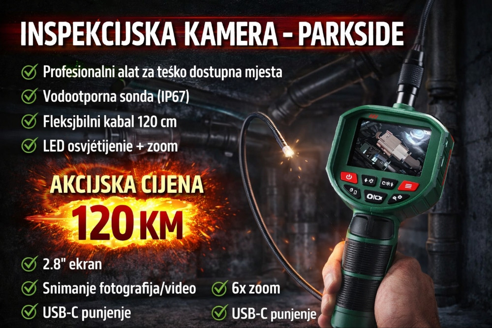 Parkside inspekcijska kamera 120cm IP67 LED AKCIJA 120 KM
