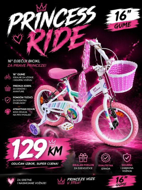 Dječiji bicikl 16ka gume AKCIJA 129KM korpa pomocni tockici