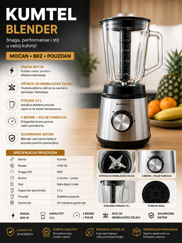 KUMTEL HTB-05 Blender 800W Staklena Posuda 1.5L 2 Brzine + Pulse