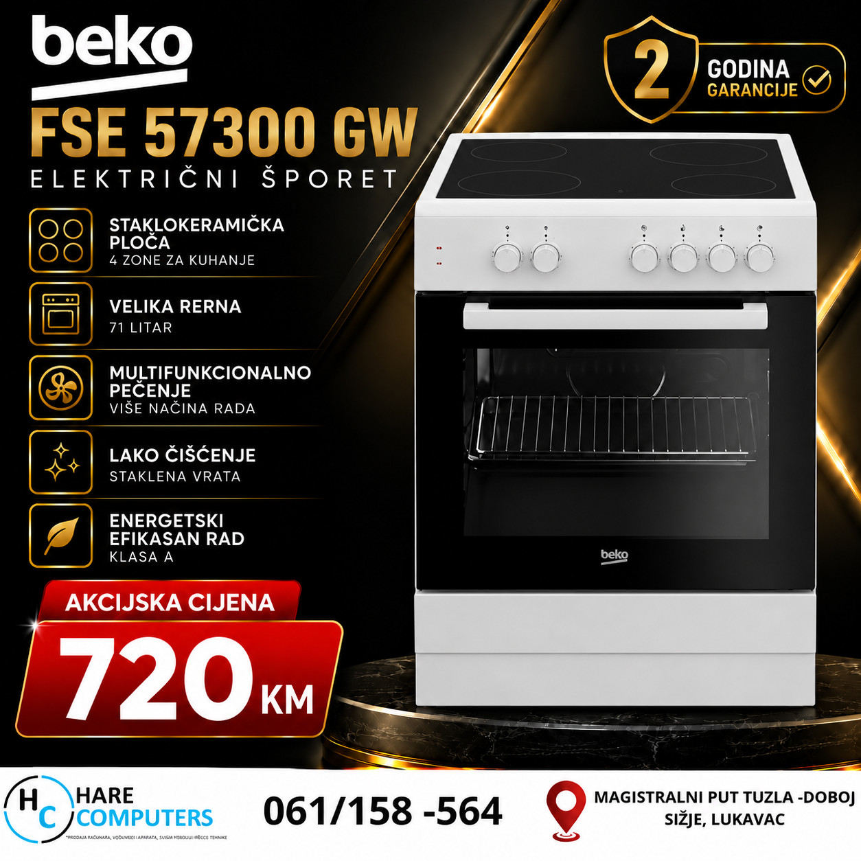 BEKO Električni šporet FSS 67000 GW RAVNA PLOCA