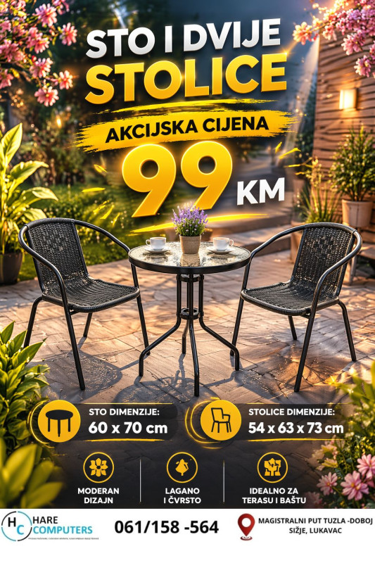 Vrtna garnitura Stakleni sto okrugli 60cm i 2 stolice