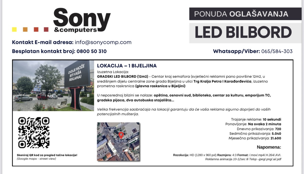 Iznamljivanje LED bilborda u Bijeljini, 5 lokacija