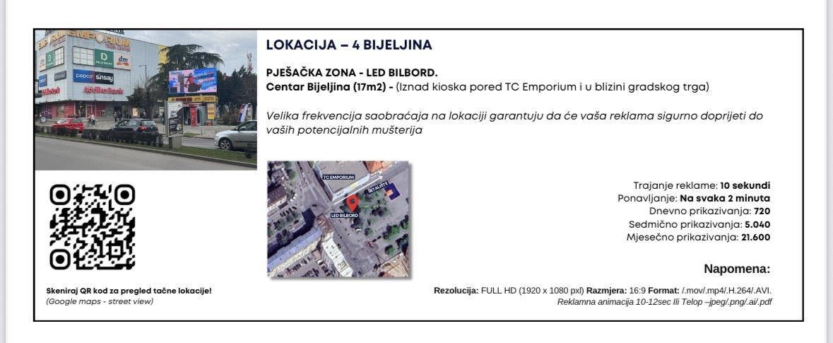 Iznamljivanje LED bilborda u Bijeljini, 5 lokacija
