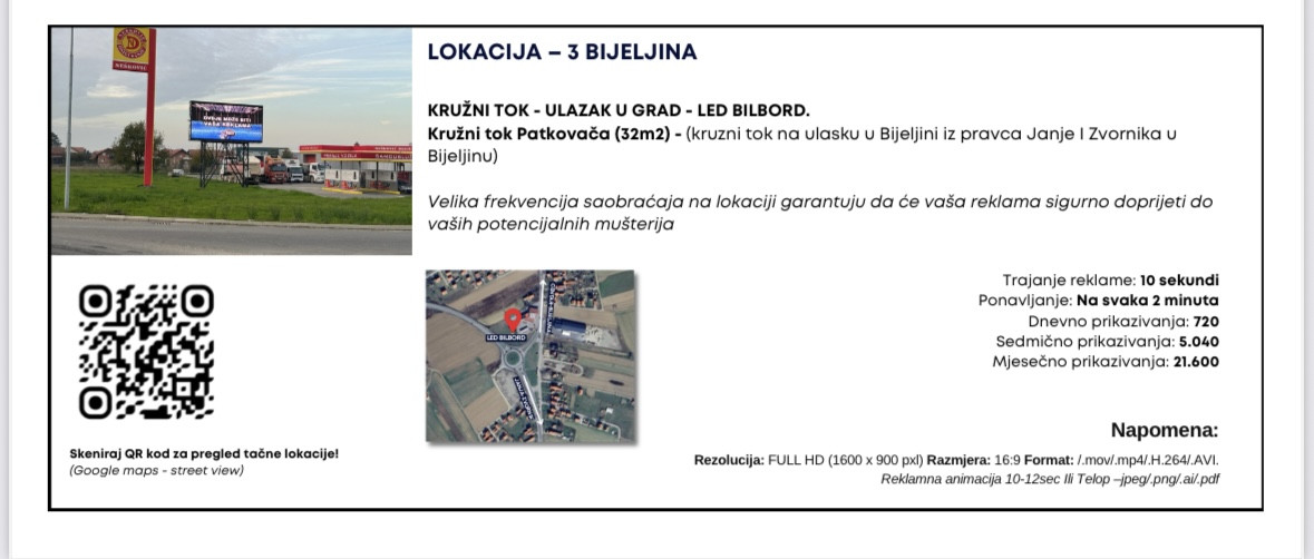 Iznamljivanje LED bilborda u Bijeljini, 5 lokacija