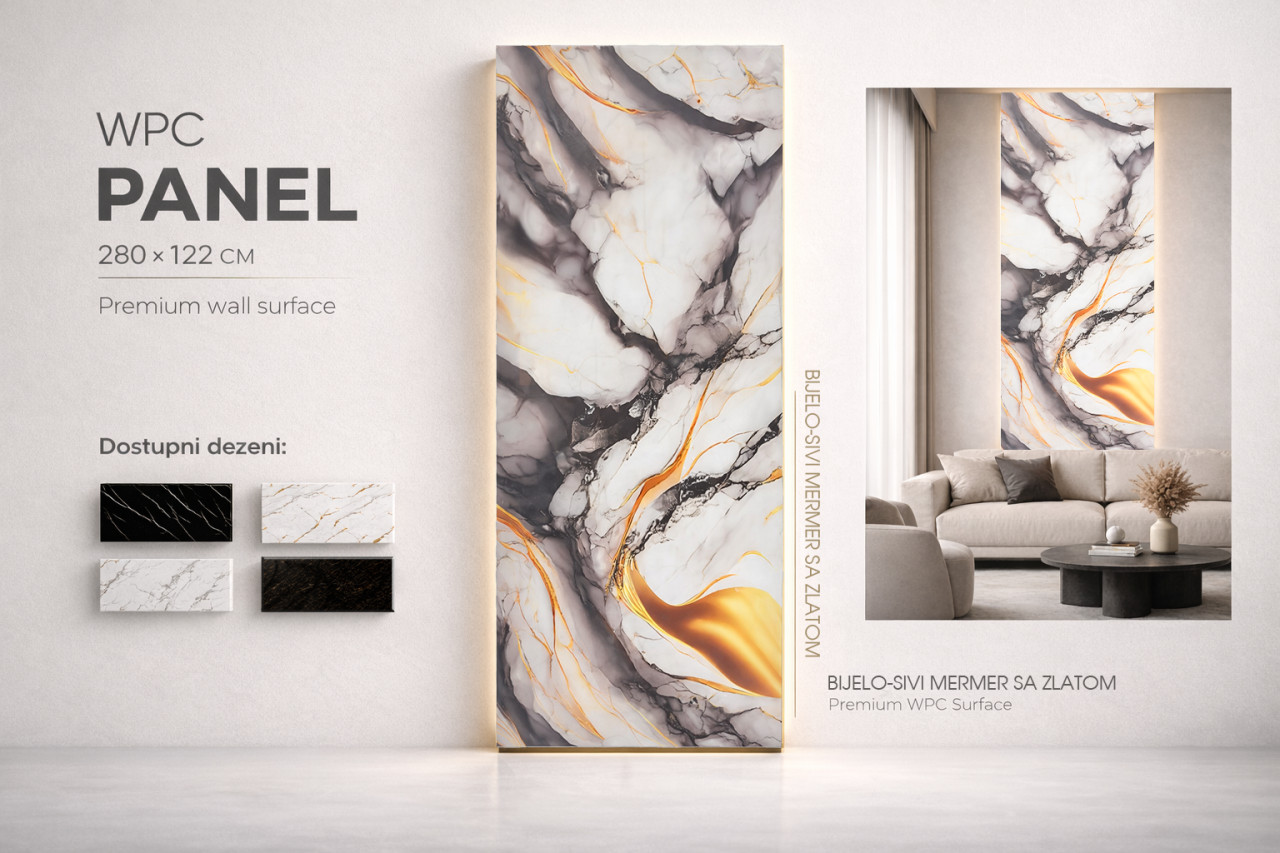 PVC Zidni panel BIJELO-SIVI MERMER SA ZLATOM 280x122cm