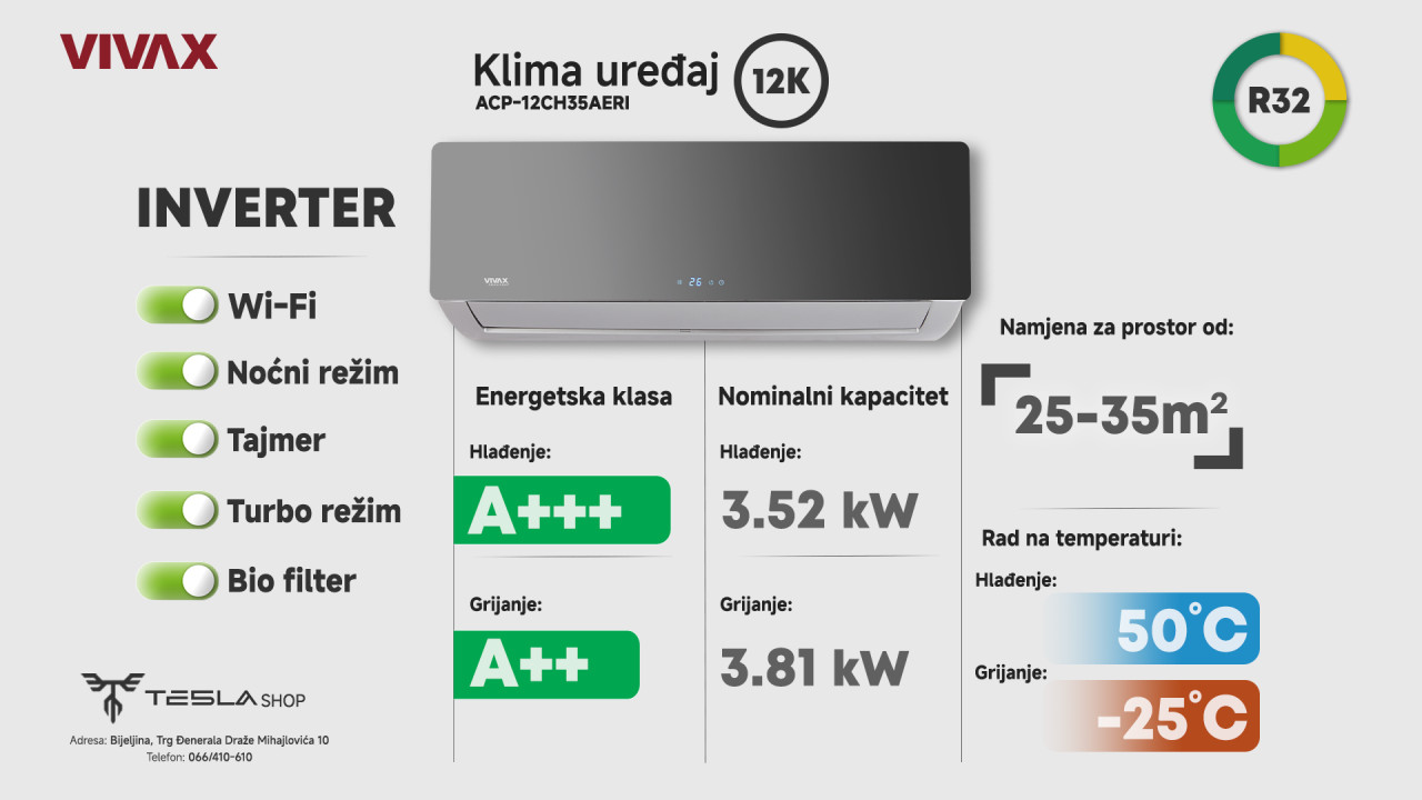 Klima INVERTER VIVAX 12 ACP-12CH35AERI AERI 12ka SILVER MIRROR