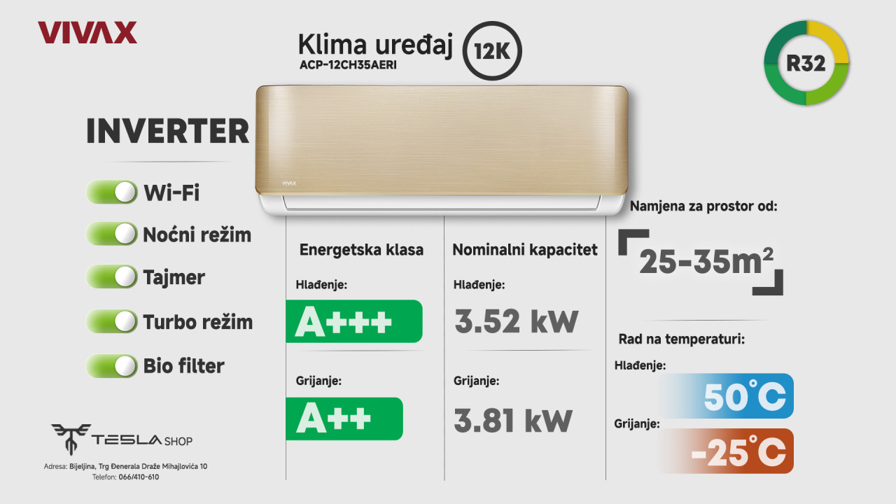 Klima INVERTER 12 VIVAX ACP-12CH35AERI AERI 12ka -25 A+++ GOLD