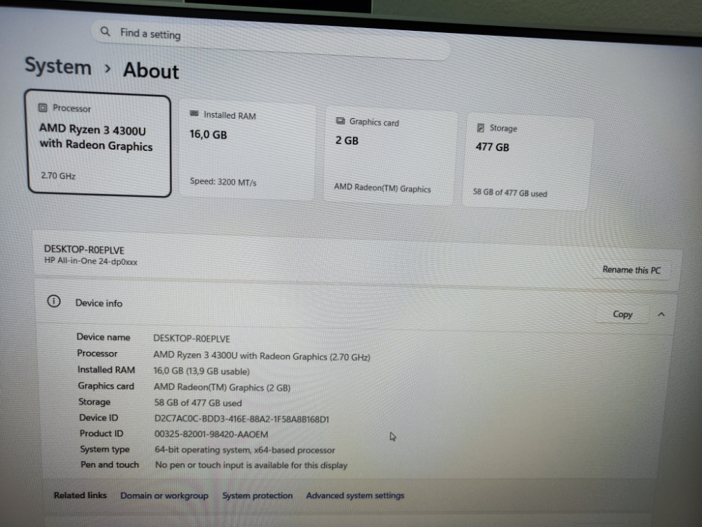All in One HP Ryzen 3 4300U 16GB 512GB WIN 11 OFFICE 2024 AIO