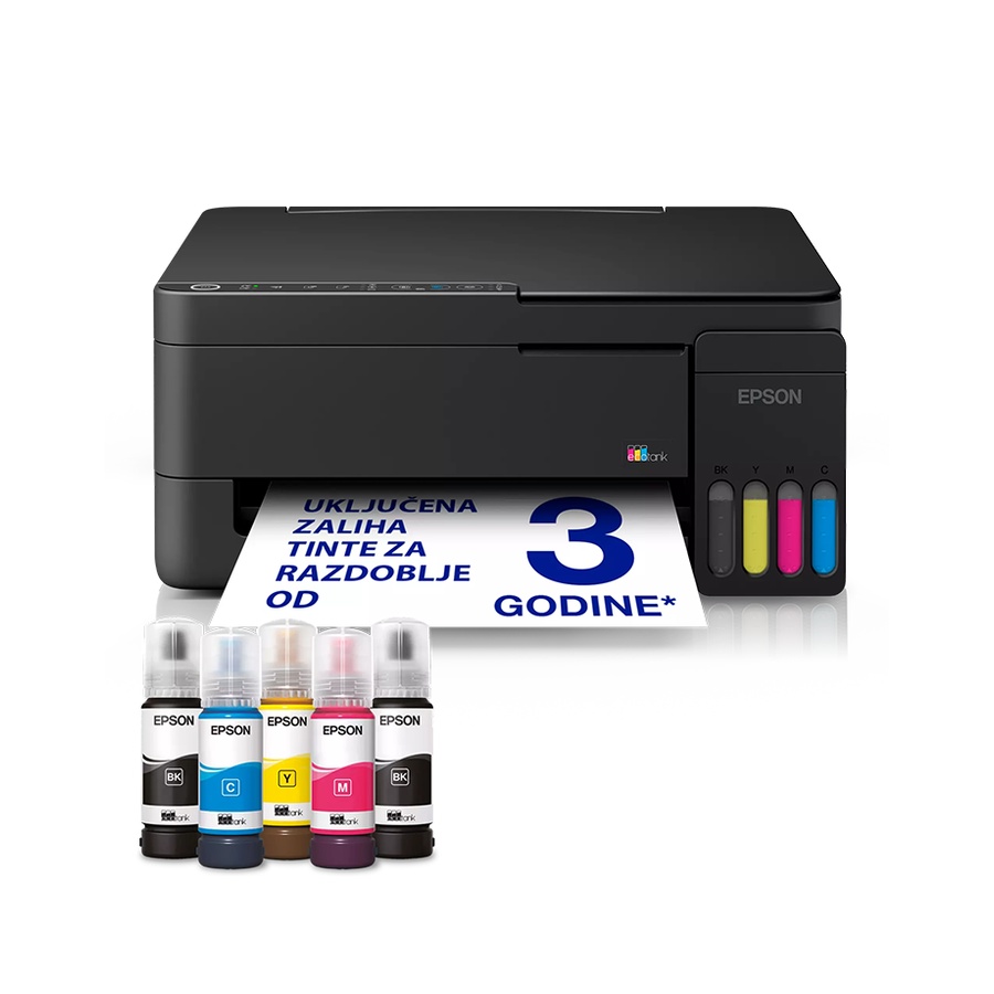 Printer EPSON EcoTank L3351 print/scan/copy Rez.5.760 x1.440 dpi. 33str/min Monokrom.15str/min Colour. USB, LAN.WiFi. Cr