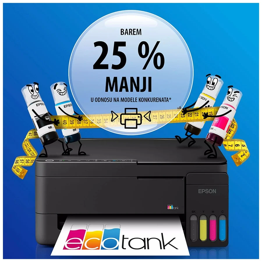 Printer EPSON EcoTank L3351 print/scan/copy Rez.5.760 x1.440 dpi. 33str/min Monokrom.15str/min Colour. USB, LAN.WiFi. Cr