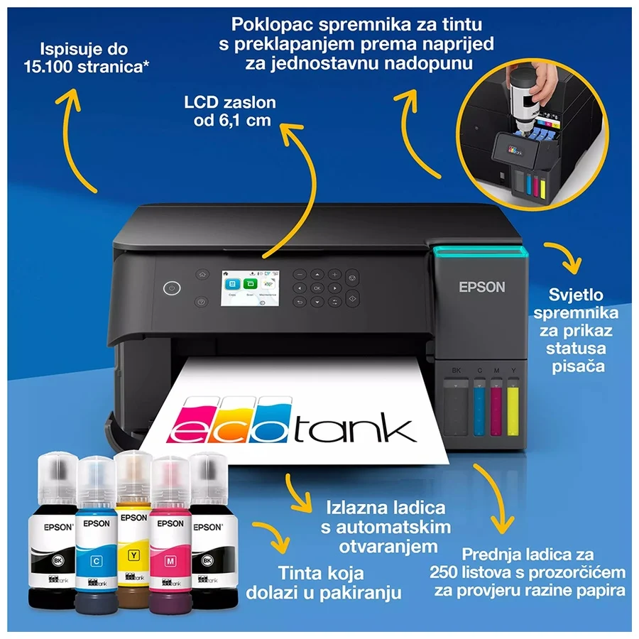 Printer EPSON EcoTank L6360 print/scan/copy/ 33str/min crno-bijelo.20str/min boja. 4800×1200 dpi. ADF, Duplex. WiFi, LAN
