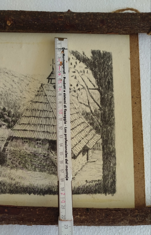 Rustikalna grafika slika drveni svitak motiv stare kuće dekor