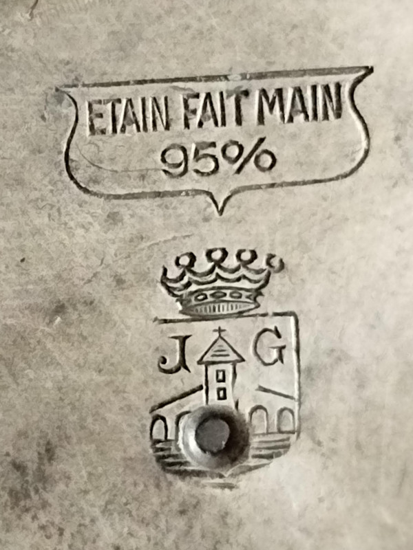 Stara francuska metalna posuda kutlača kalaj žig kruna