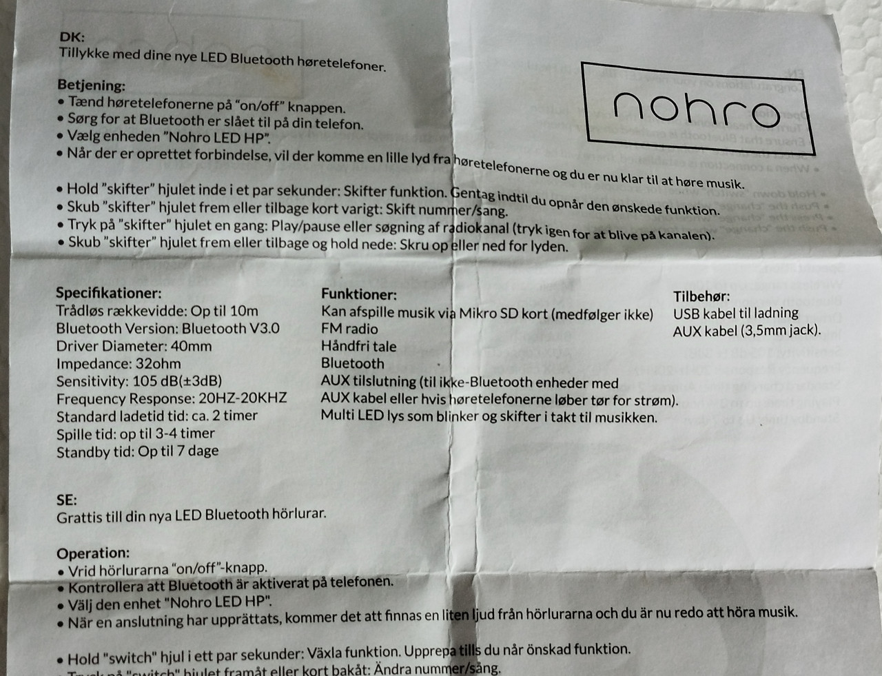 NOHRO Bluetooth LED slušalice kabl za punjenje uputstvo