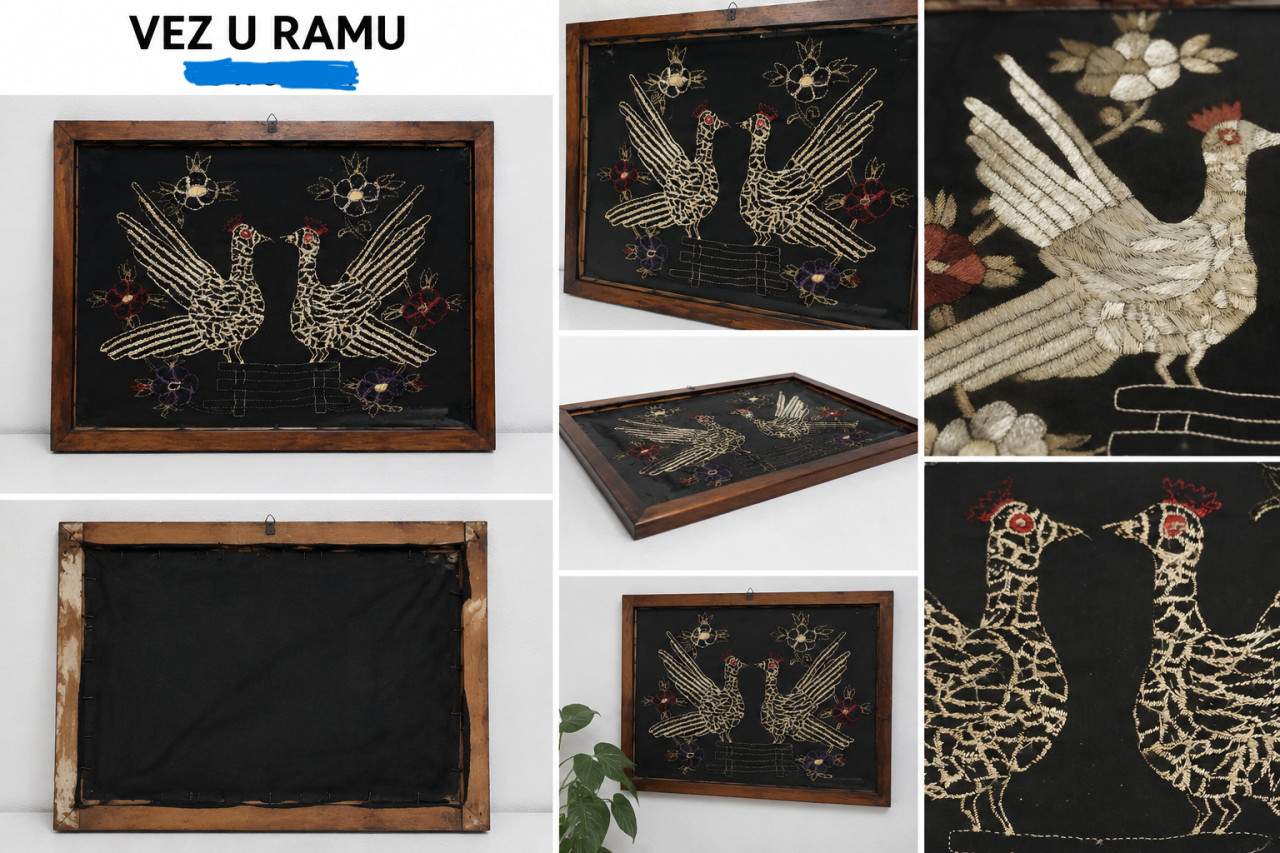 Ručni rad vez u ramu okviru stari ukrasna slika ptice 72 sa 56 cm