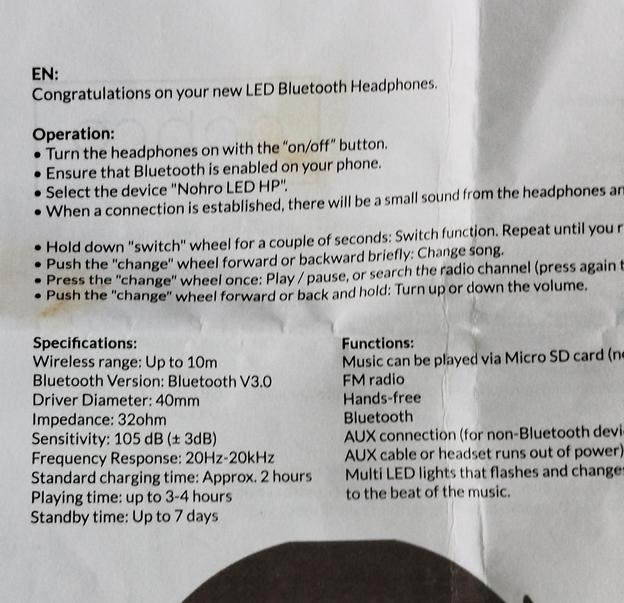 NOHRO Bluetooth LED slušalice kabl za punjenje uputstvo