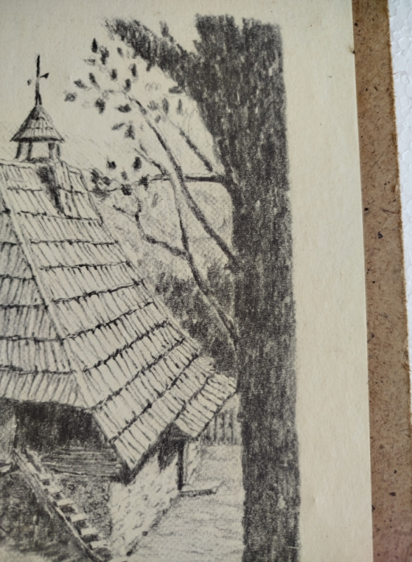 Rustikalna grafika slika drveni svitak motiv stare kuće dekor