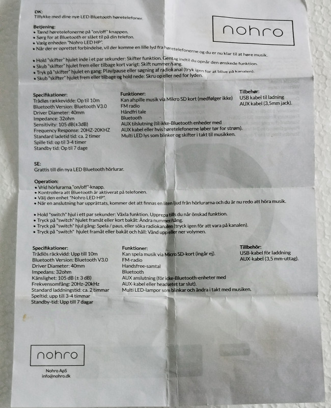 NOHRO Bluetooth LED slušalice kabl za punjenje uputstvo