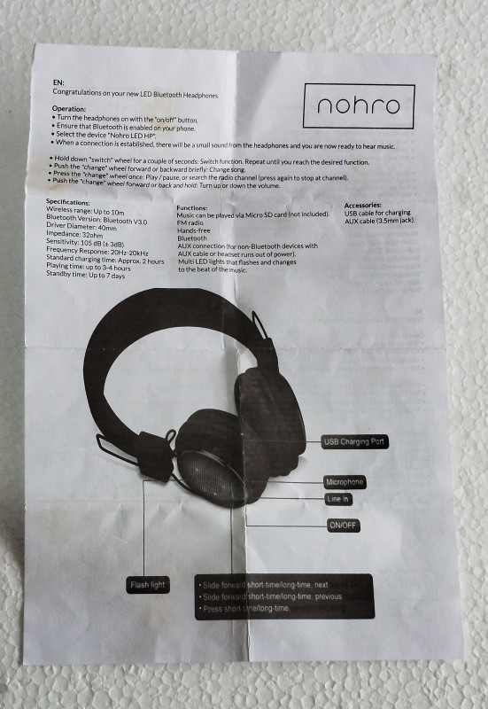 NOHRO Bluetooth LED slušalice kabl za punjenje uputstvo
