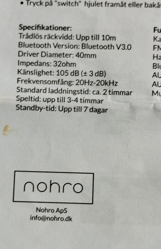 NOHRO Bluetooth LED slušalice kabl za punjenje uputstvo