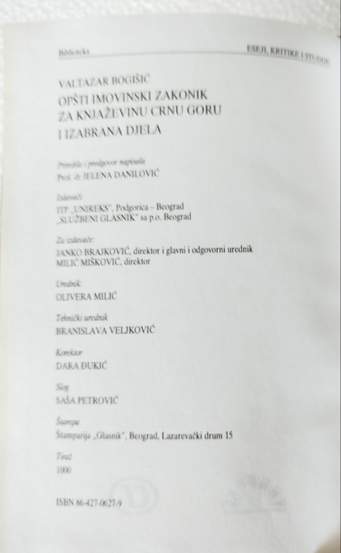 Opšti imovinski zakonik za Knjaževinu Crnu Goru Bogišić