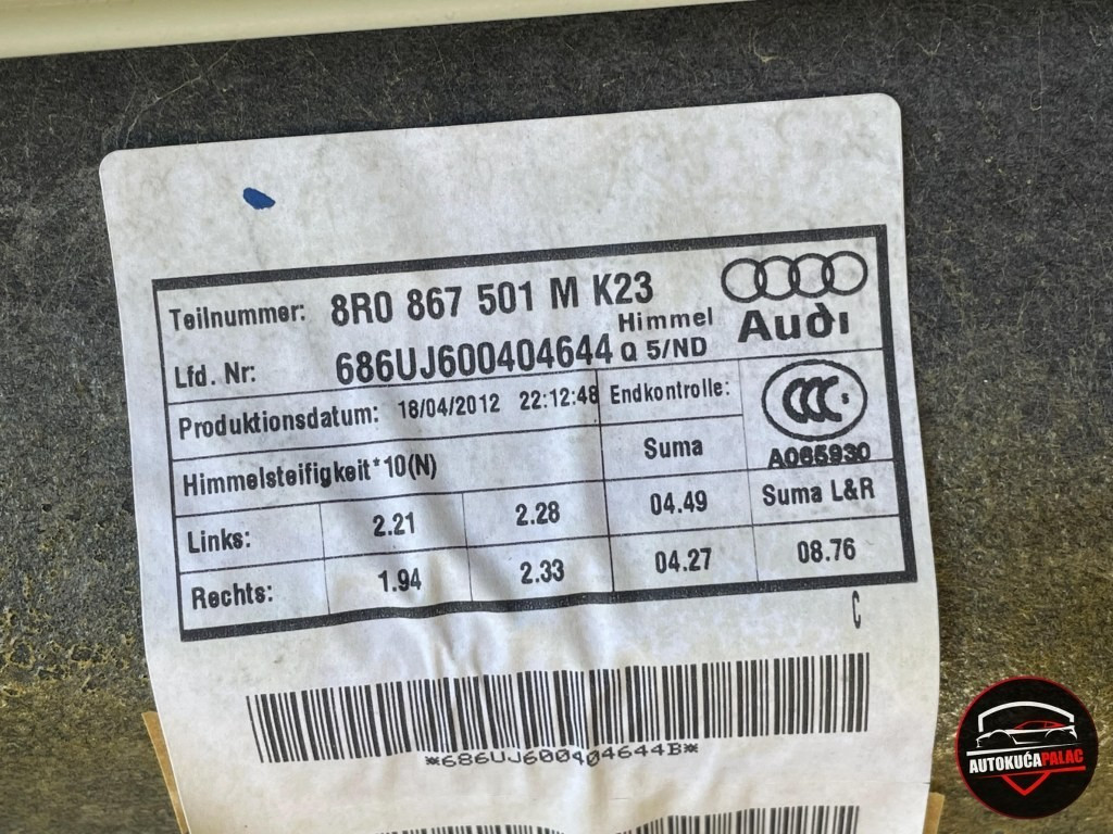 KROVNI TAPACIRUNG AUDI Q5 08-17  495-407 CRNI KOMPLET