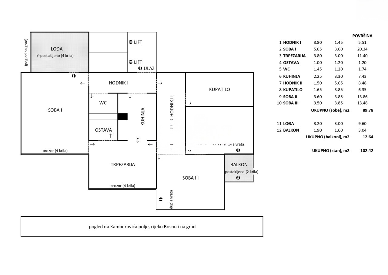 Trosoban stan Zenica, P=90m2 + 12,65m2, Lamela